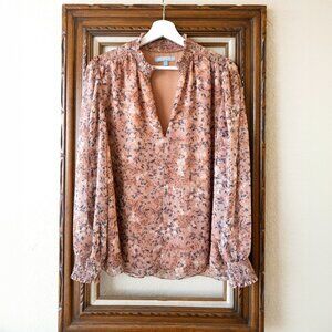 Antonio Melani Womens Blouse Size Large Brown Floral Long Sleeve Smocked Ruffles
